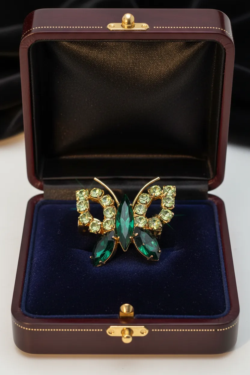 Vintage 1960s Juliana Style Green Rhinestone Butterfly Brooch