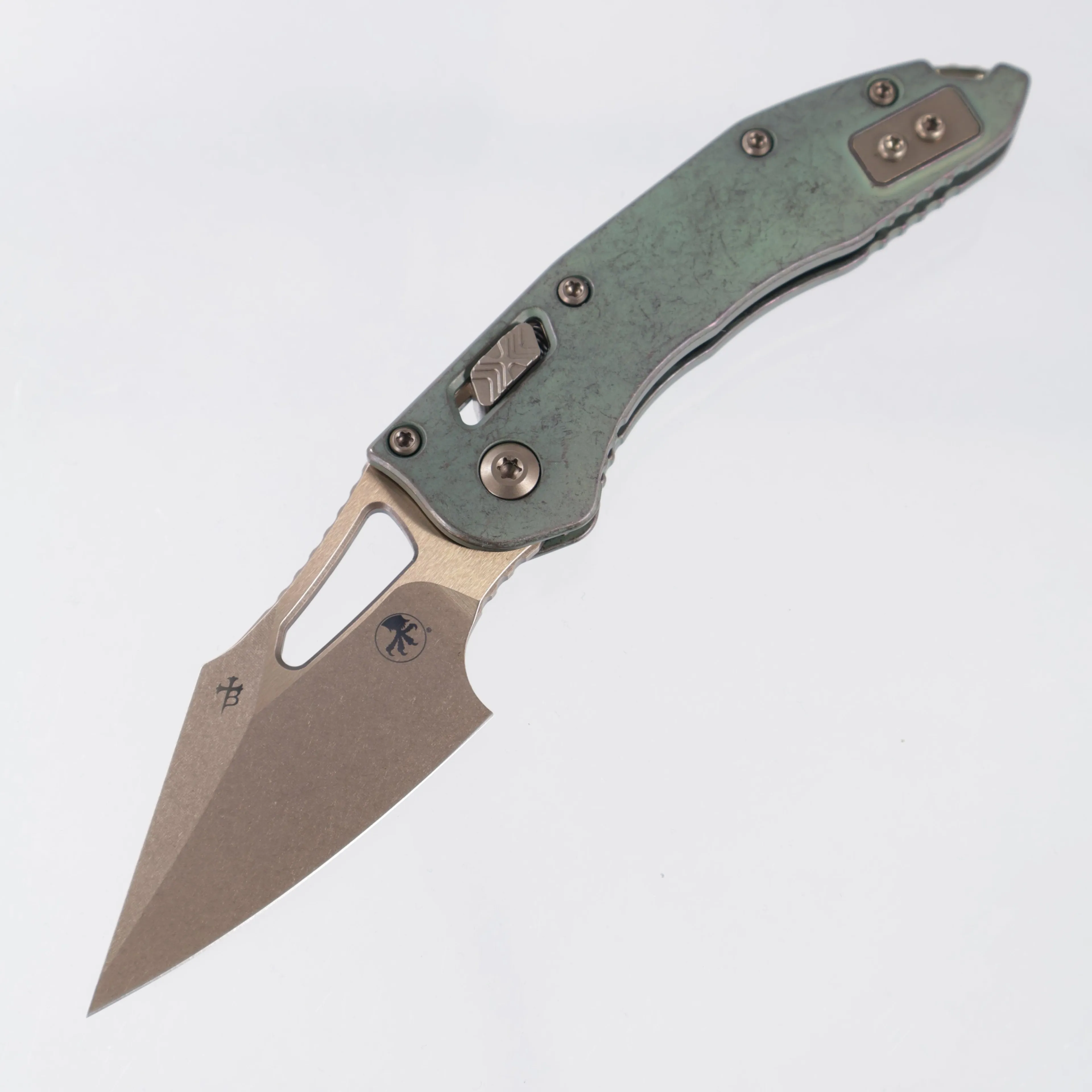 Microtech Marfione Select Stitch Mini Ram-Lok - Antique Green Smooth Titanium w/ Bronze Hardware - Bronze Stonewash M390MK - 169MRL-13MS1