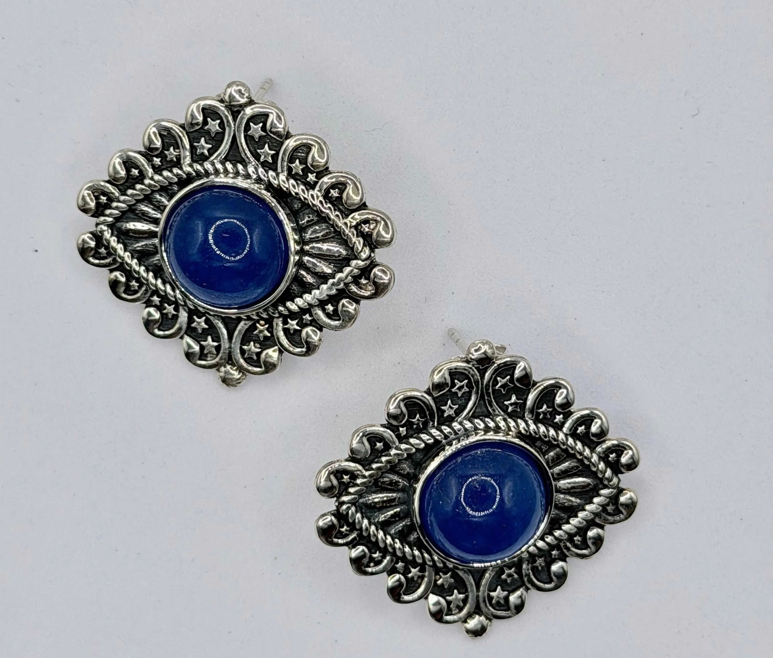 BLUE CHALCEDONY SS EVIL EYES POST BACK EARRINGS (JR 148)