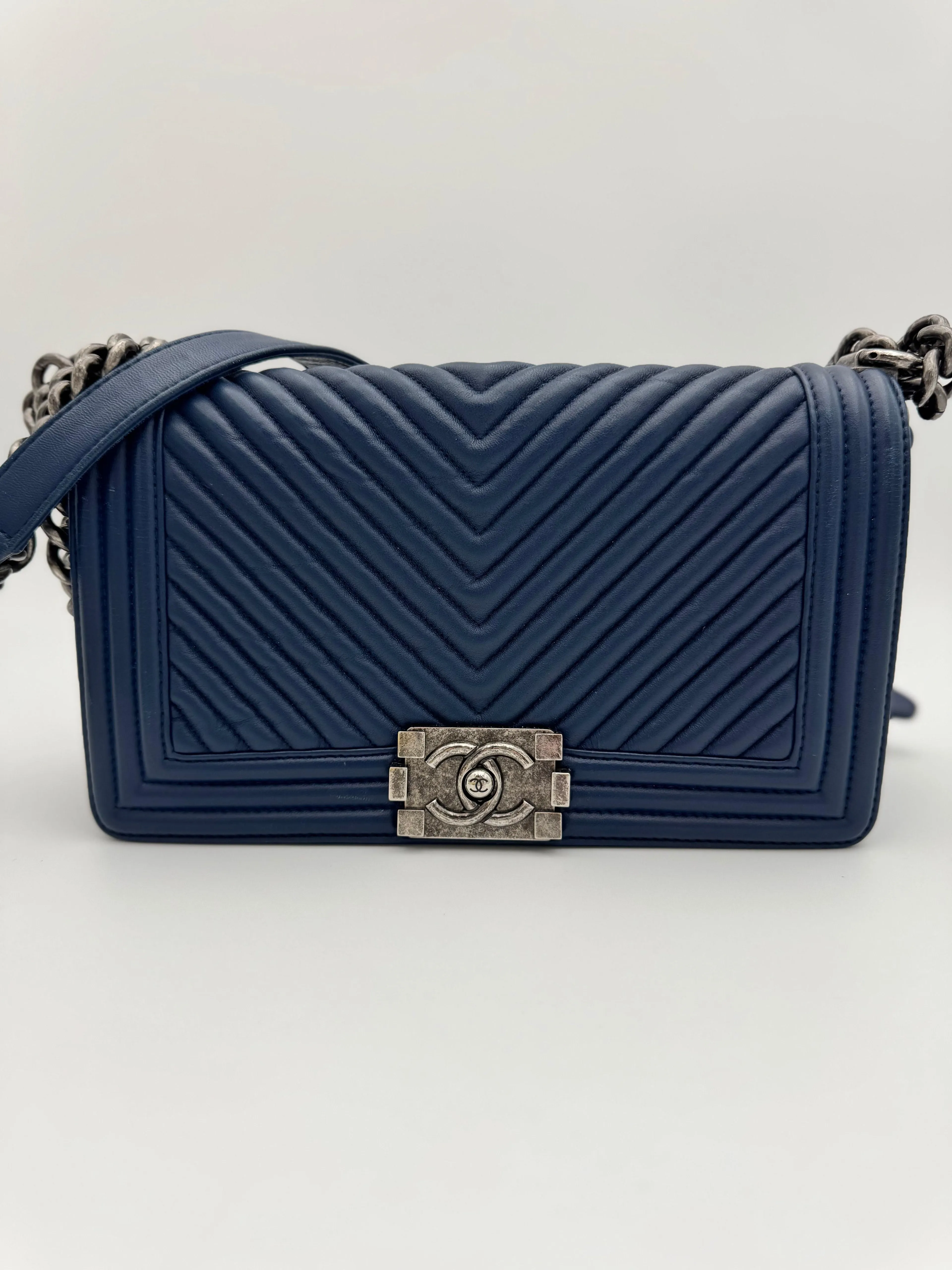 Chanel Old Medium Boy Flap Bag - Navy Blue Chevron Quilted Leather with Ruthenium Hardware