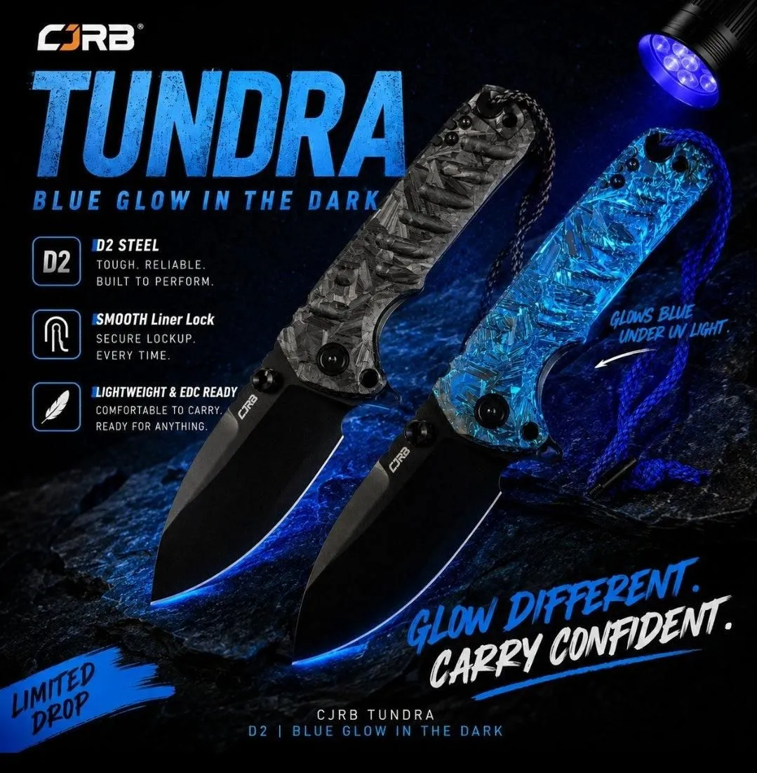 TK Exclusive – CJRB Tundra Blue Glow in the Dark D2 Folding Knife