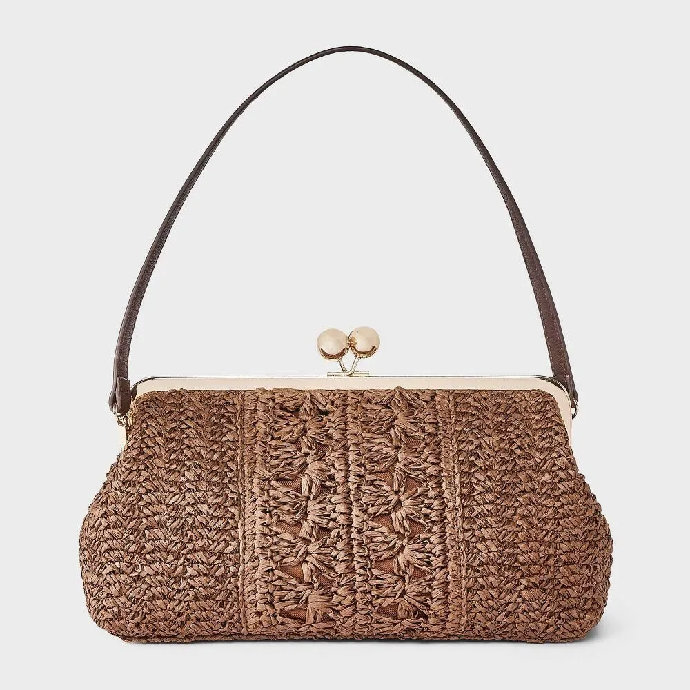 New Without Tags - Size: 13 Inches - Straw Kiss Lock Clutch Bag - A New Day Natural Brown