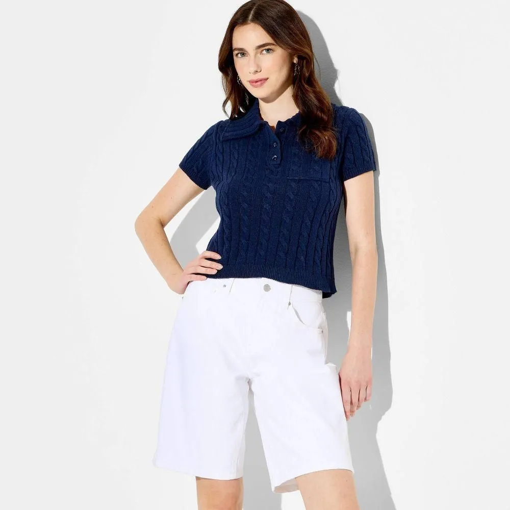 New without Tags - Size: L - Women's Short Sleeve Cable Polo Pullover Sweater - Wild Fable Navy Blue