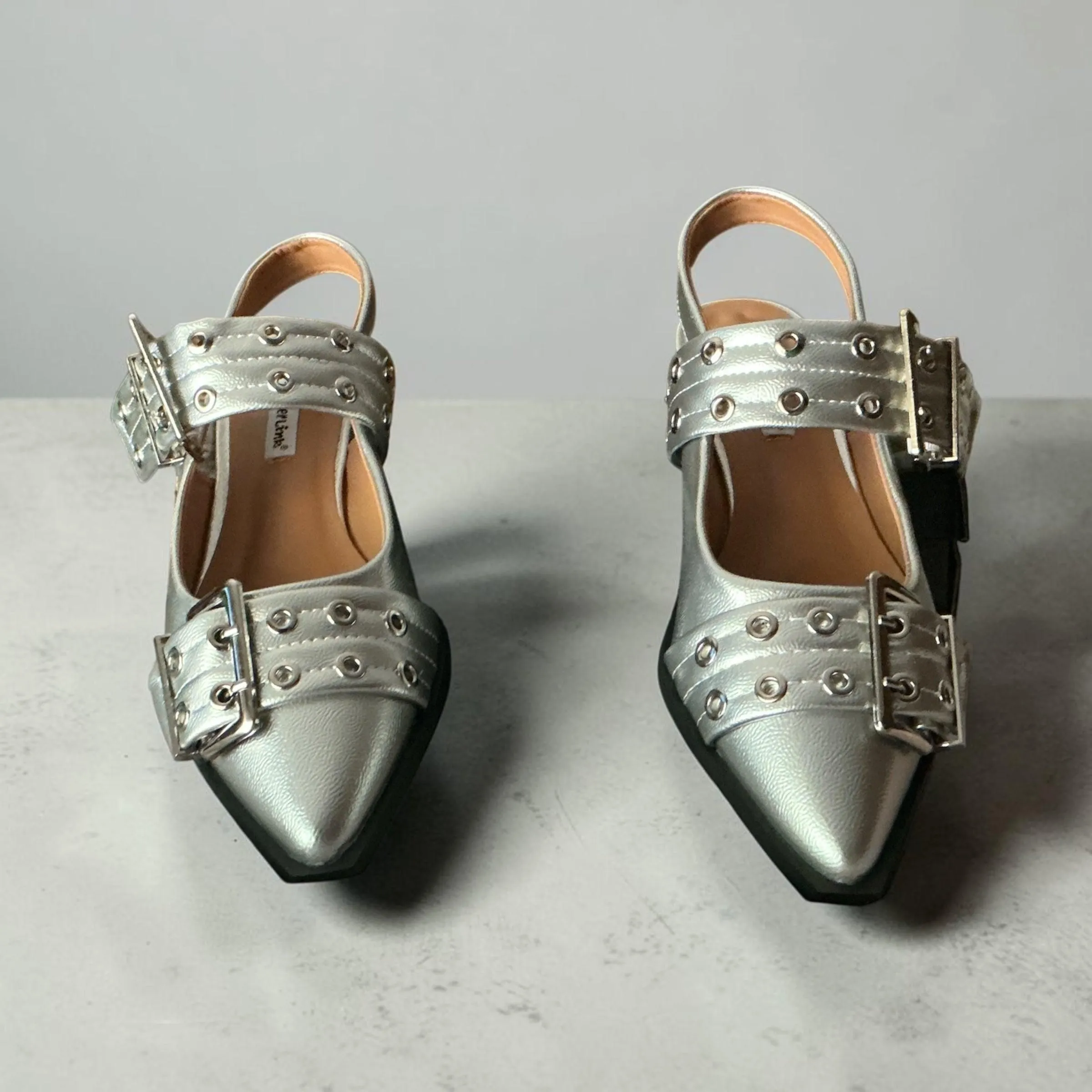 Silver Buckle Pointed-Toe Slingback Flats