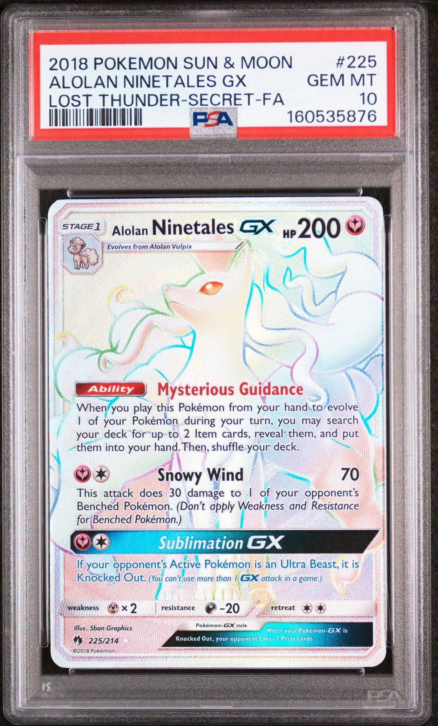 2018 Pokemon Sun & Moon Lost Thunder-Secret-Fa Alolan Ninetales Gx 10 PSA #225