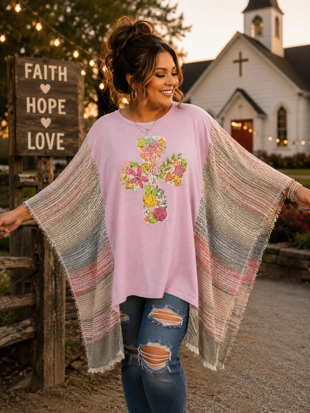 #85 Floral Cross Knit Kimono Sleeve Poncho style upcycle top OSFM