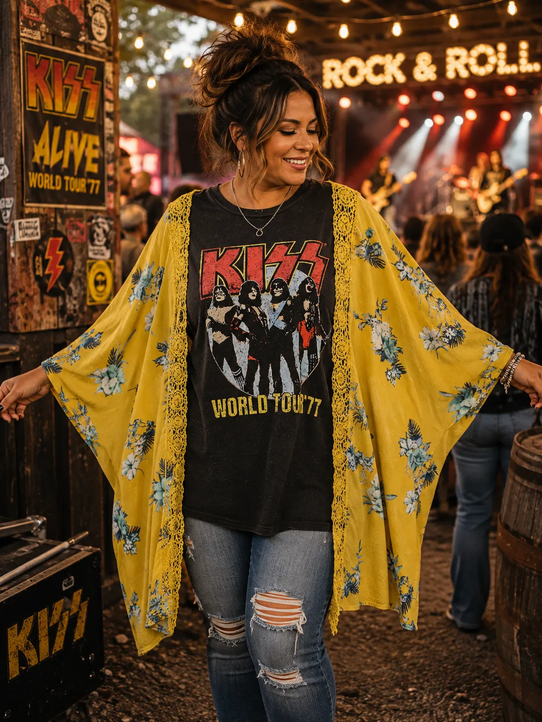 #76 KISS World Tour '77 Lace Trim Kimono Sleeve Poncho Upcycled Top OSFM