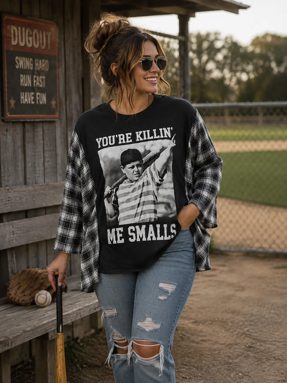 #62 You're Killin' Me Smalls Flannel Sleeve Upcycled Campfire Shirt OSFM