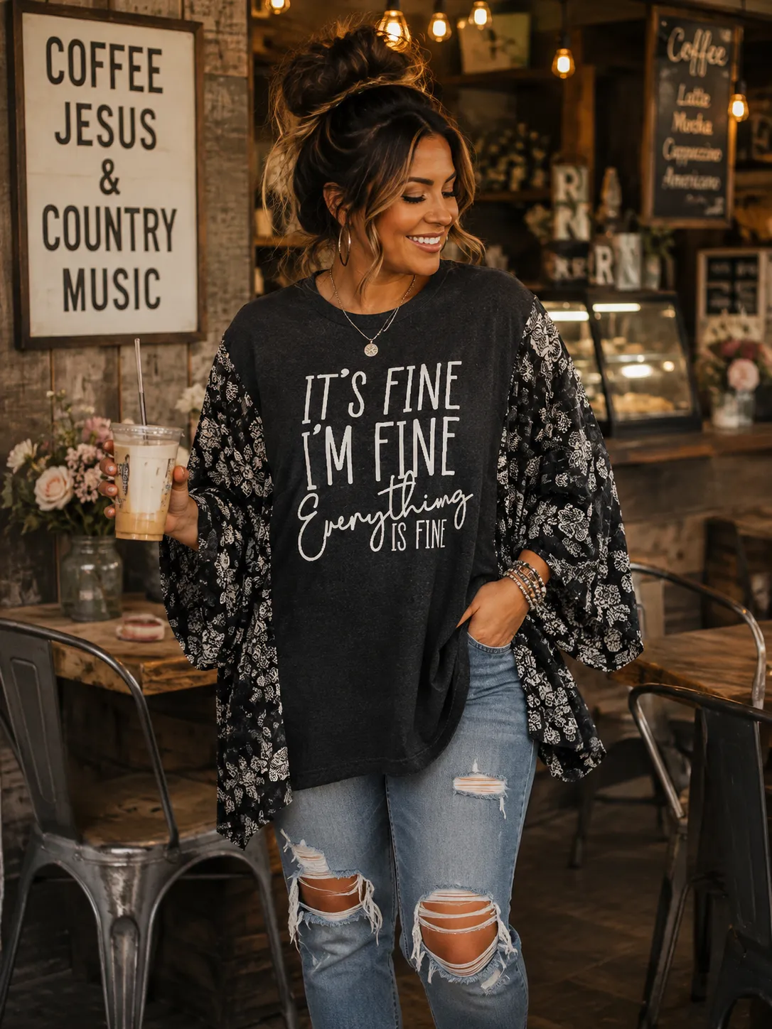 #54 It's Fine I'm Fine Everything Is Fine Kimono Sleeve Upcycled Top OSFM