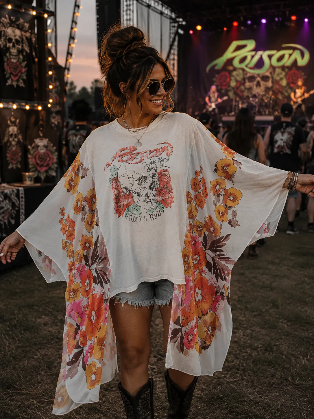 #22 Poison Rock N' Roll Floral Kimono Poncho Upcycled Top OSFM