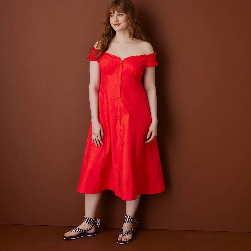 New without Tags - Size: M - Women's Off the Shoulder Poplin Button-Down Midi Dress - Rosie Assoulin Red