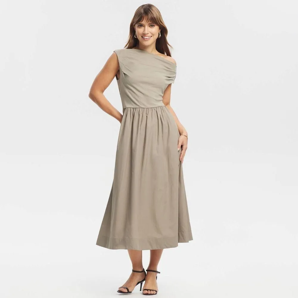 New without Tags - Size: XL - Women's Fabric Mixed Midi A-Line Dress - A New Day Taupe Beige