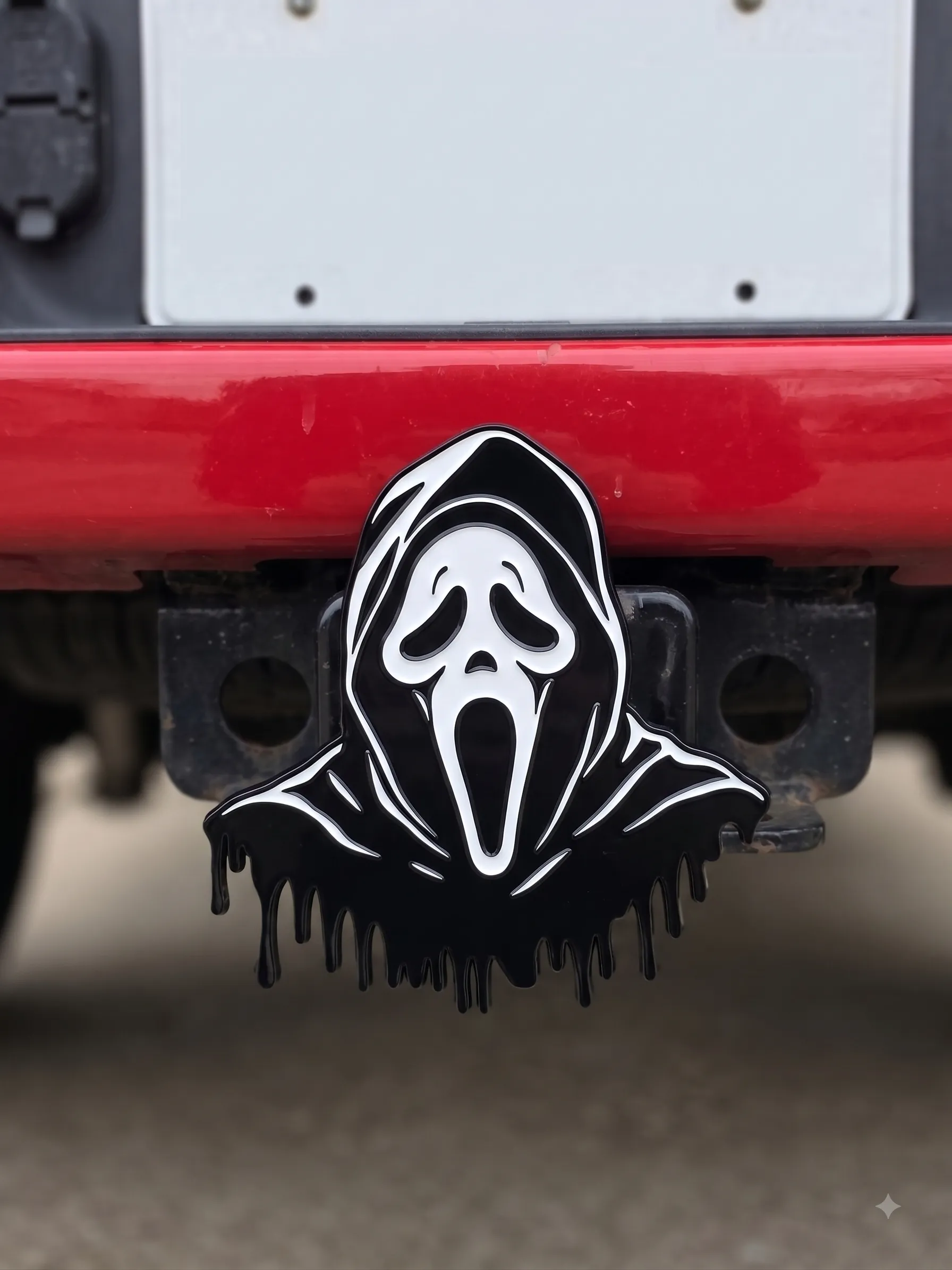 Ghost Face Trailer Hitch Plug - Scream Mask Truck Receiver Cap Horror Black Hood