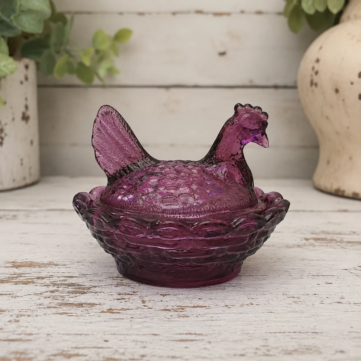 Vintage Amethyst Purple Hen on Nest Salt Cellar