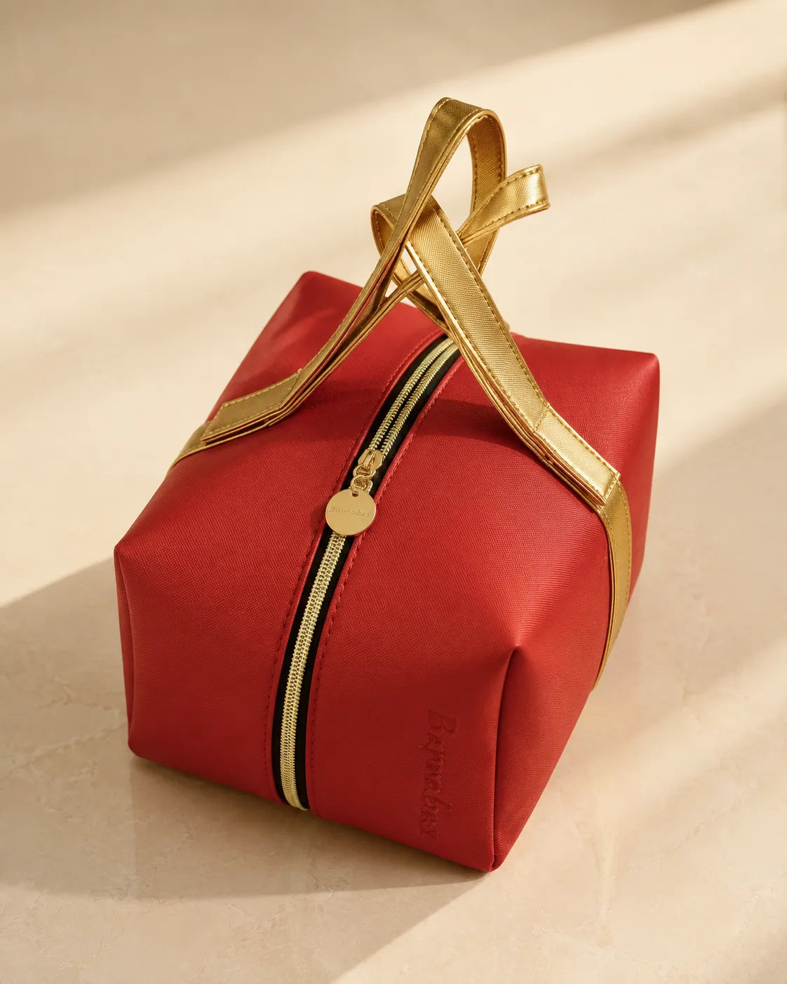 Elegant Red Cosmetic Travel Bag with Gold Handle