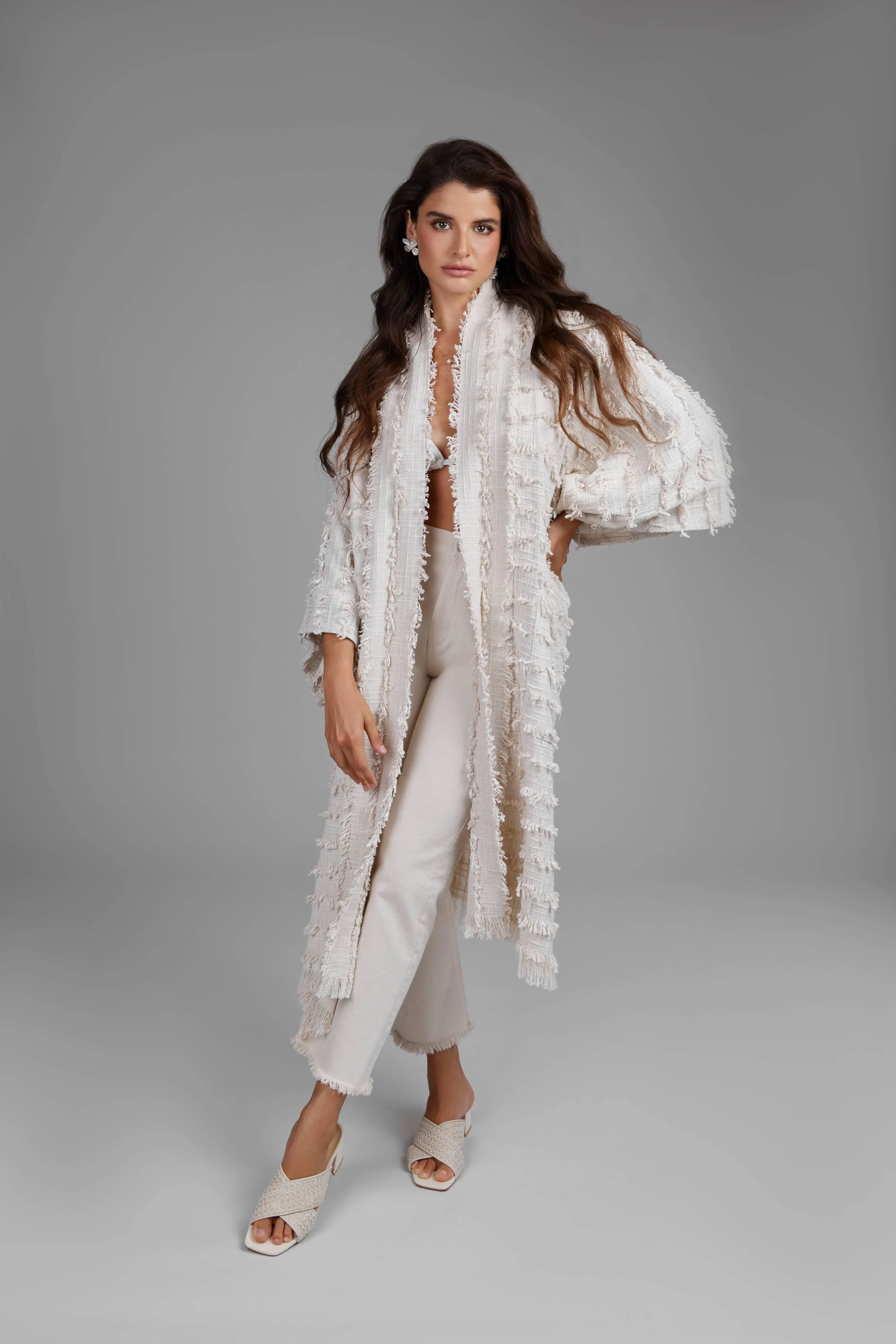 Ivory Fringe Long Jacket