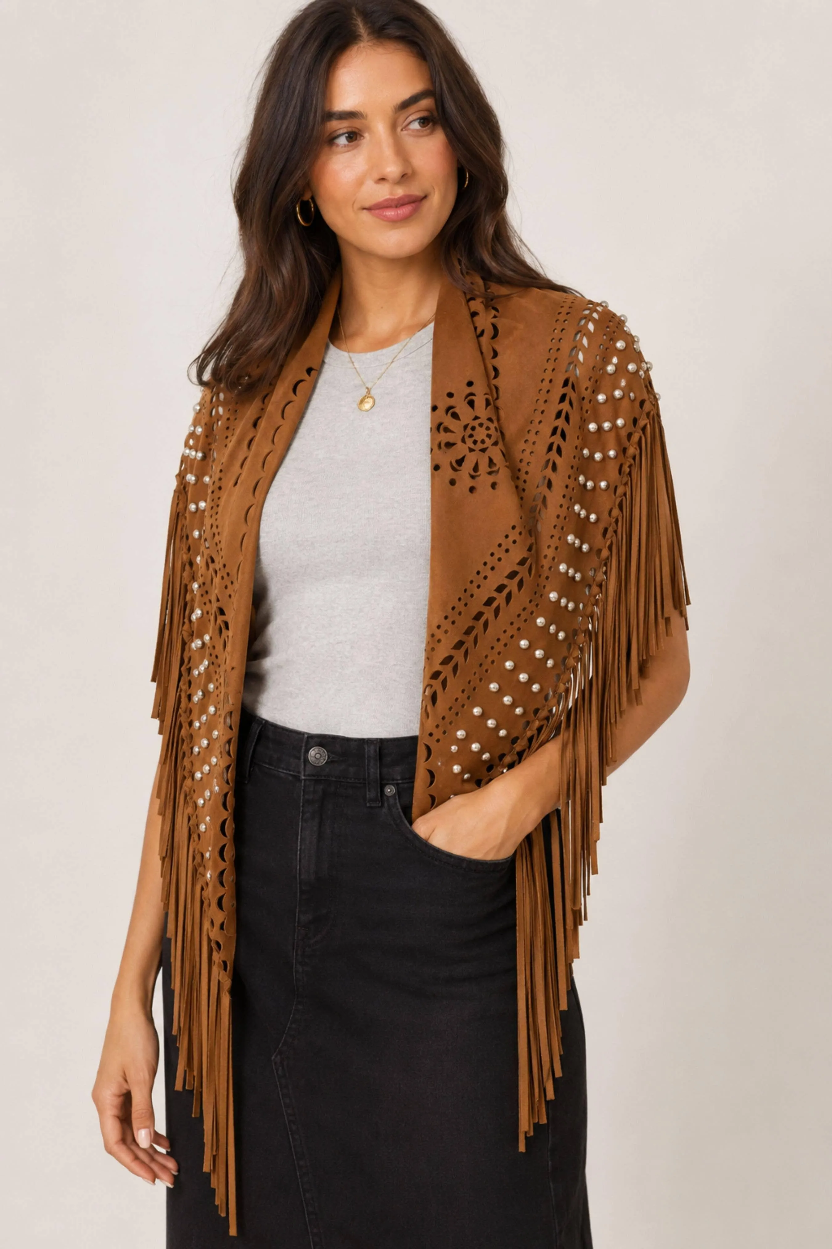 Paisley Laser Cut Fringe Triangle Wrap with Studs