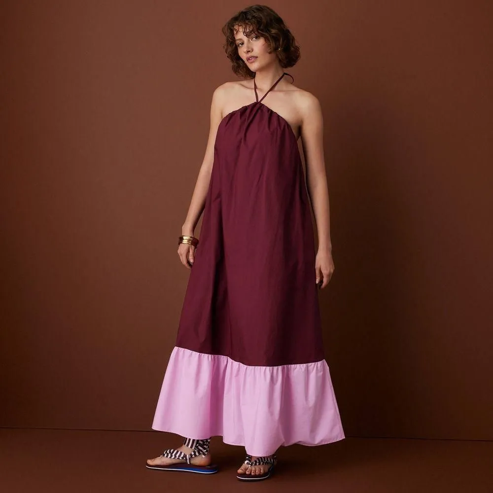 New without Tags - Women's Halter Flounce Colorblock Maxi Dress - Rosie Assoulin Burgundy/Pink L