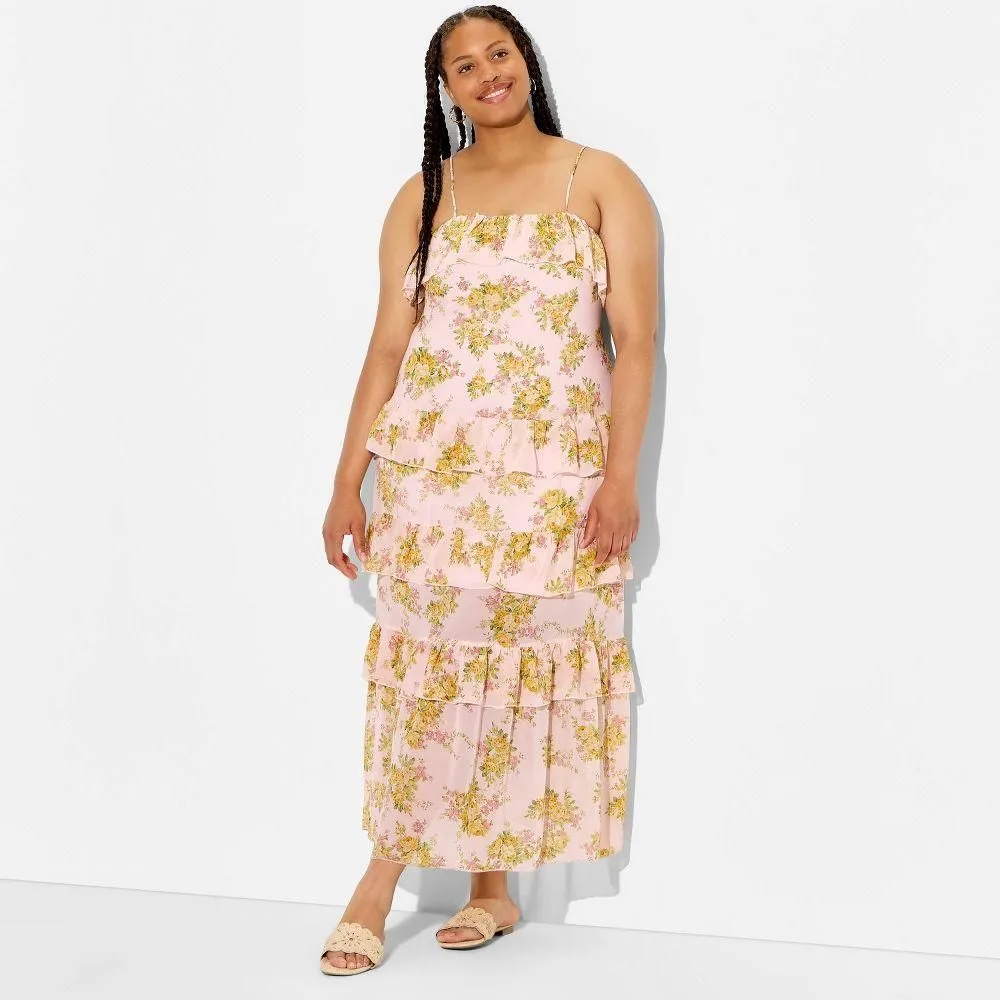New without Tags - Women's Flounce Tiered Maxi A-Line Dress - Wild Fable Pink Floral 2X