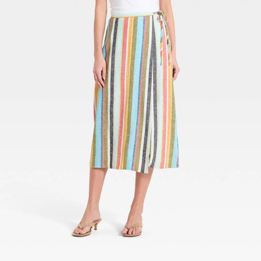 New without Tags - Size: Medium - Women's Linen Midi Wrap Skirt - A New Day Cream Striped M