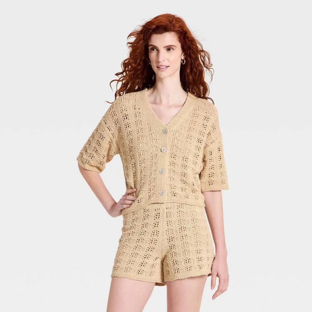 New without Tags - Women's Short Sleeve Cardigan Sweater - Universal Thread Tan L