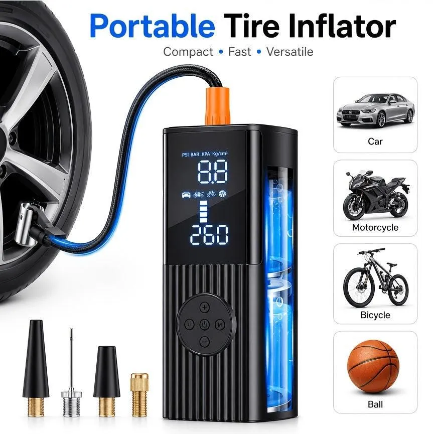 Cordless Portable Tire Inflator with Digital Pressure Gauge and LED Light - Black