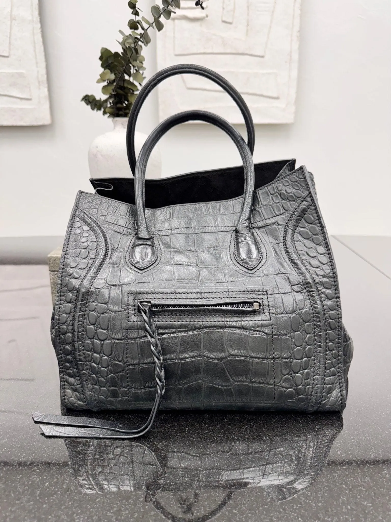 Celine Black Croc Embossed Medium Phantom Handbag