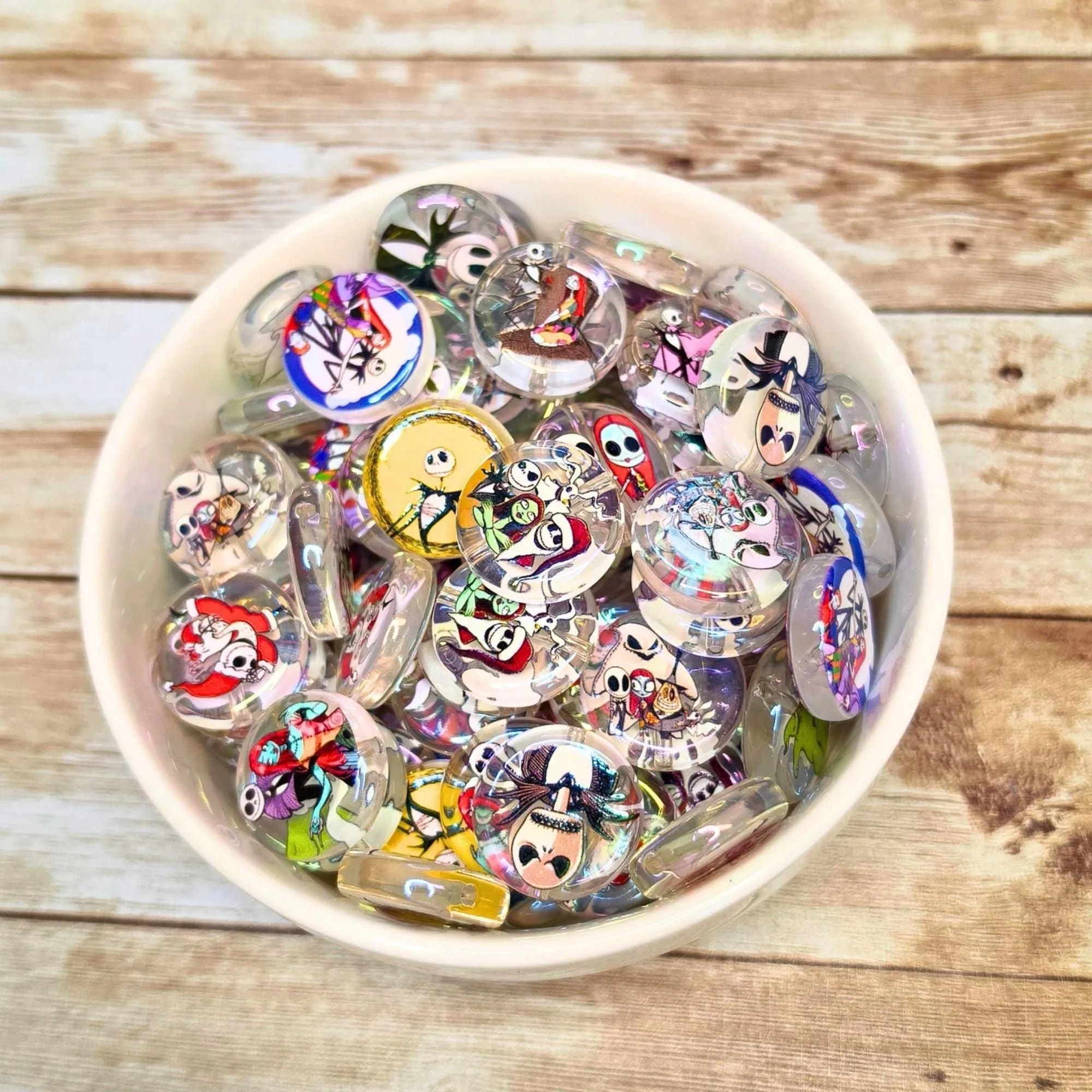 Nightmare Before Christmas Coin Beads – Set of 10 Jack Skellington & Sally Acrylic Beads – Halloween Christmas Beads for Pens, Keychains & Crafts