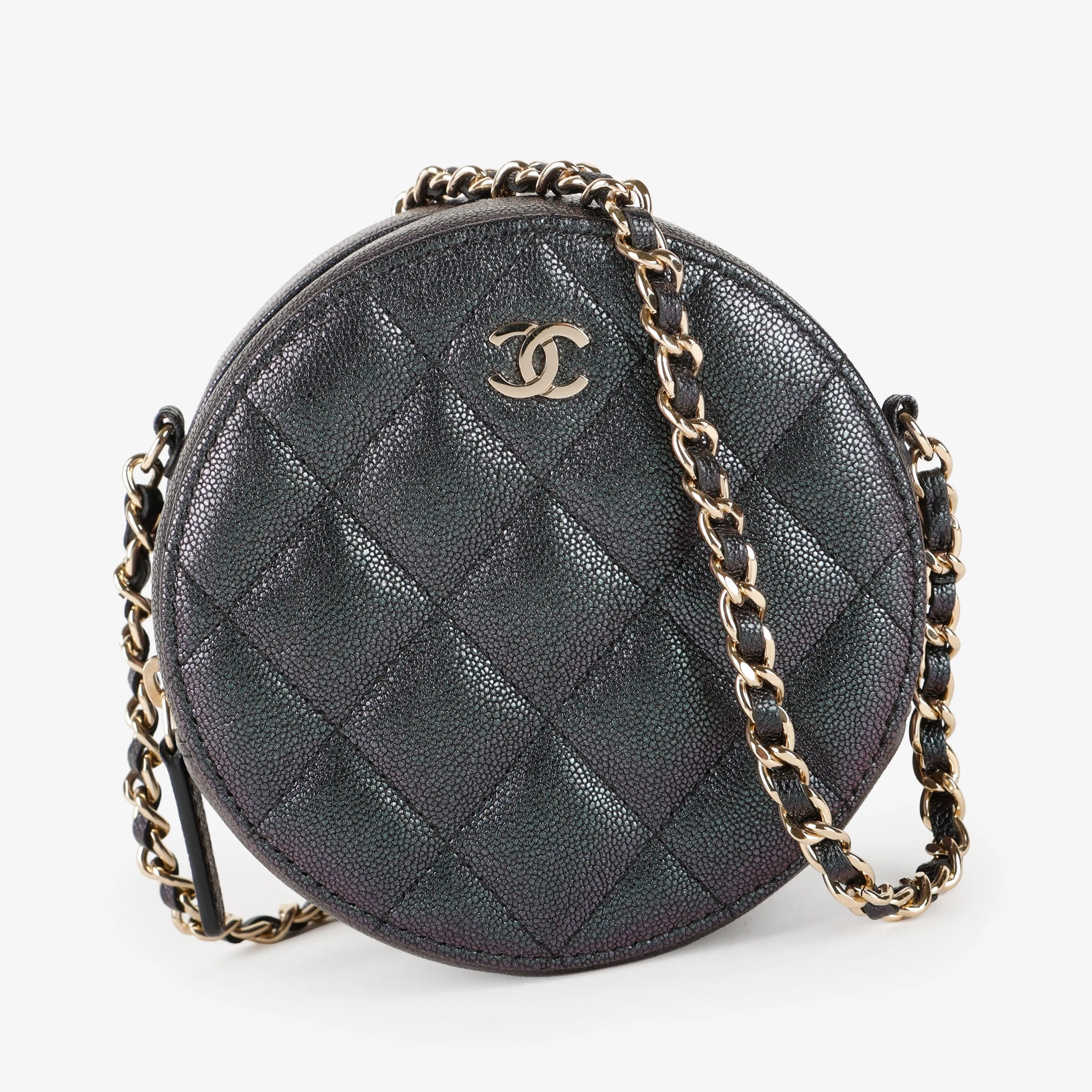 Mini Round Clutch with Chain, Purple Quilted Caviar