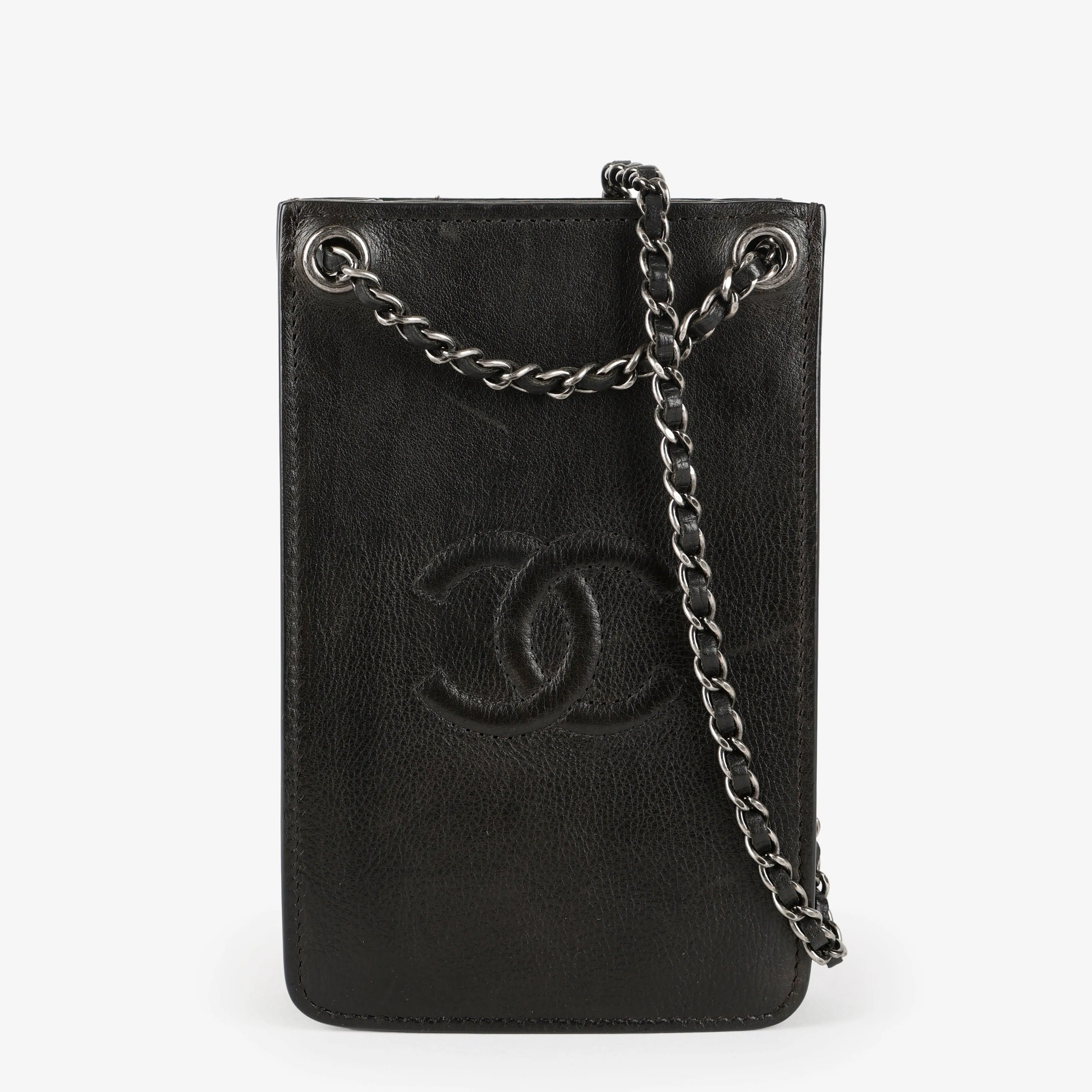 CC Phone Holder Crossbody Bag, Black Calfskin