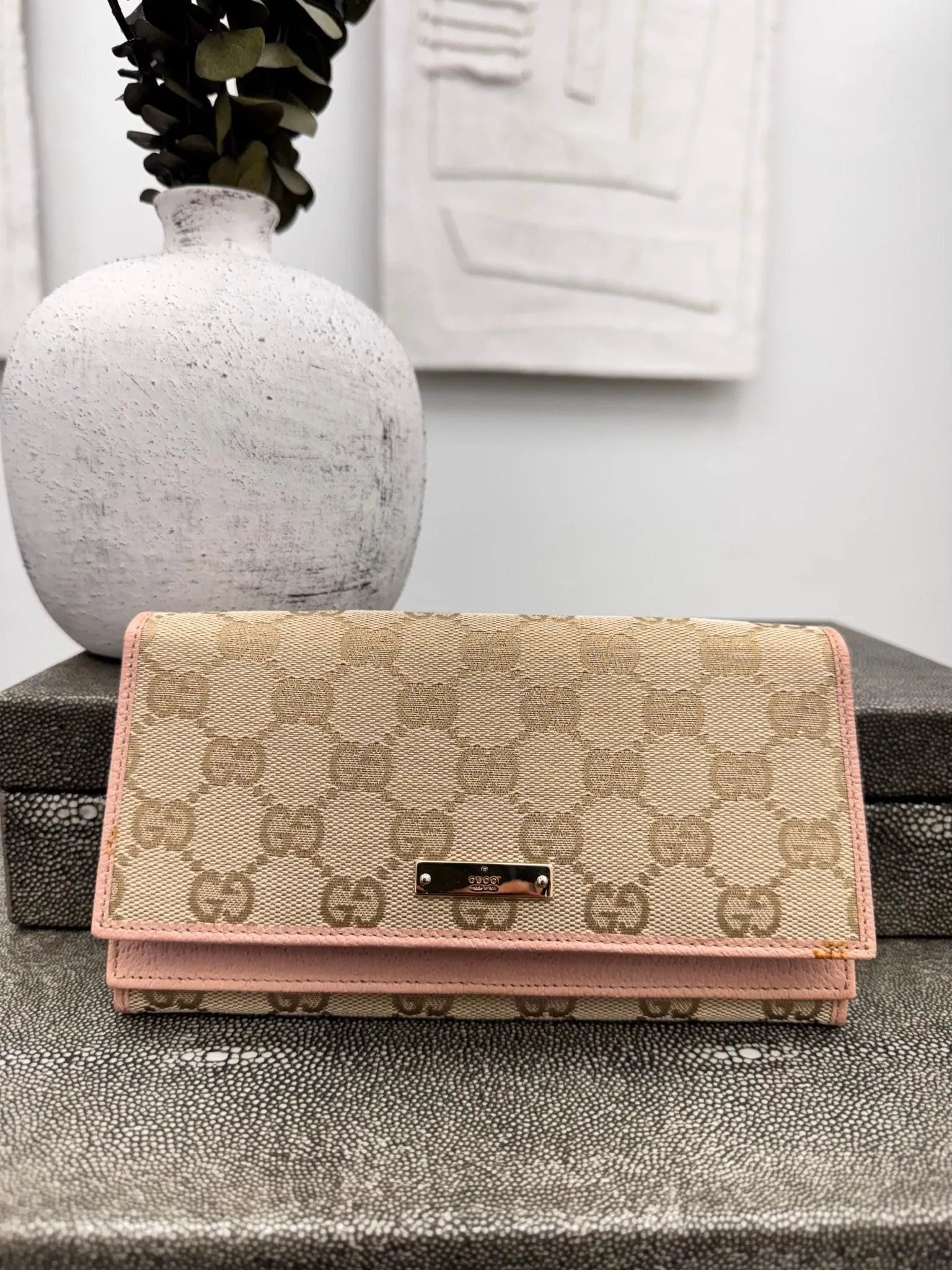 Gucci Beige And Pink GG Monogram Canvas Long Wallet