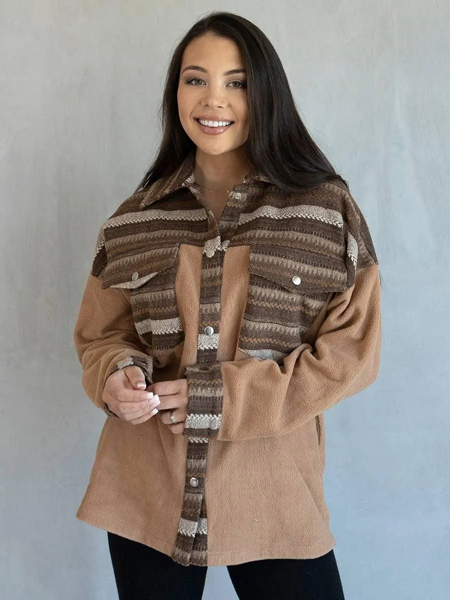 Flo Print Trim Shacket w/ Front Pockets