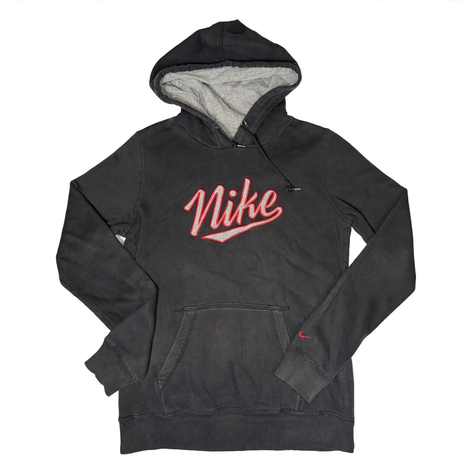 Nike Hoodie Size M Faded Black Script Logo Embroidered Red White Swoosh