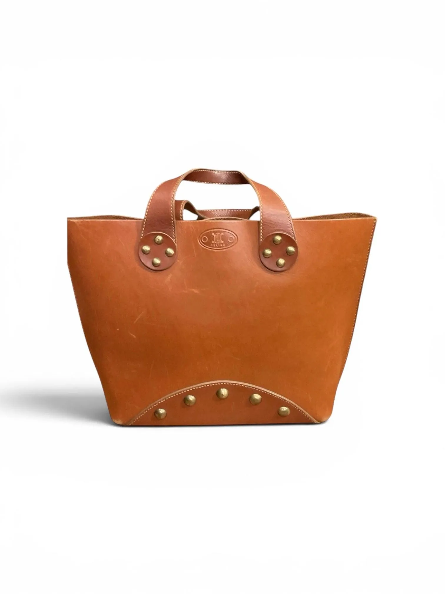 Celine Vintage Tan Leather Tote Bag with Brass Stud Details