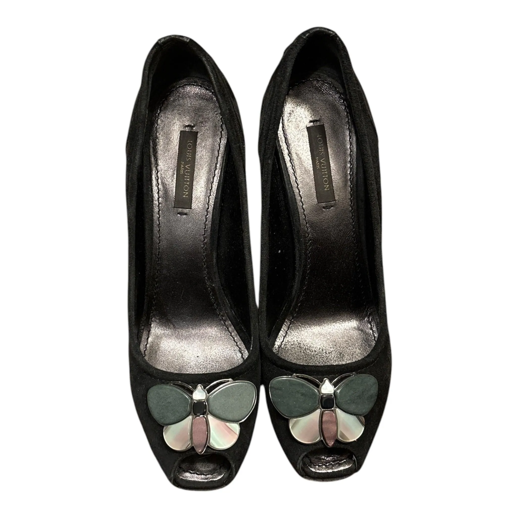 Louis Vuitton Black Suede Butterfly Peep Toe Wedges