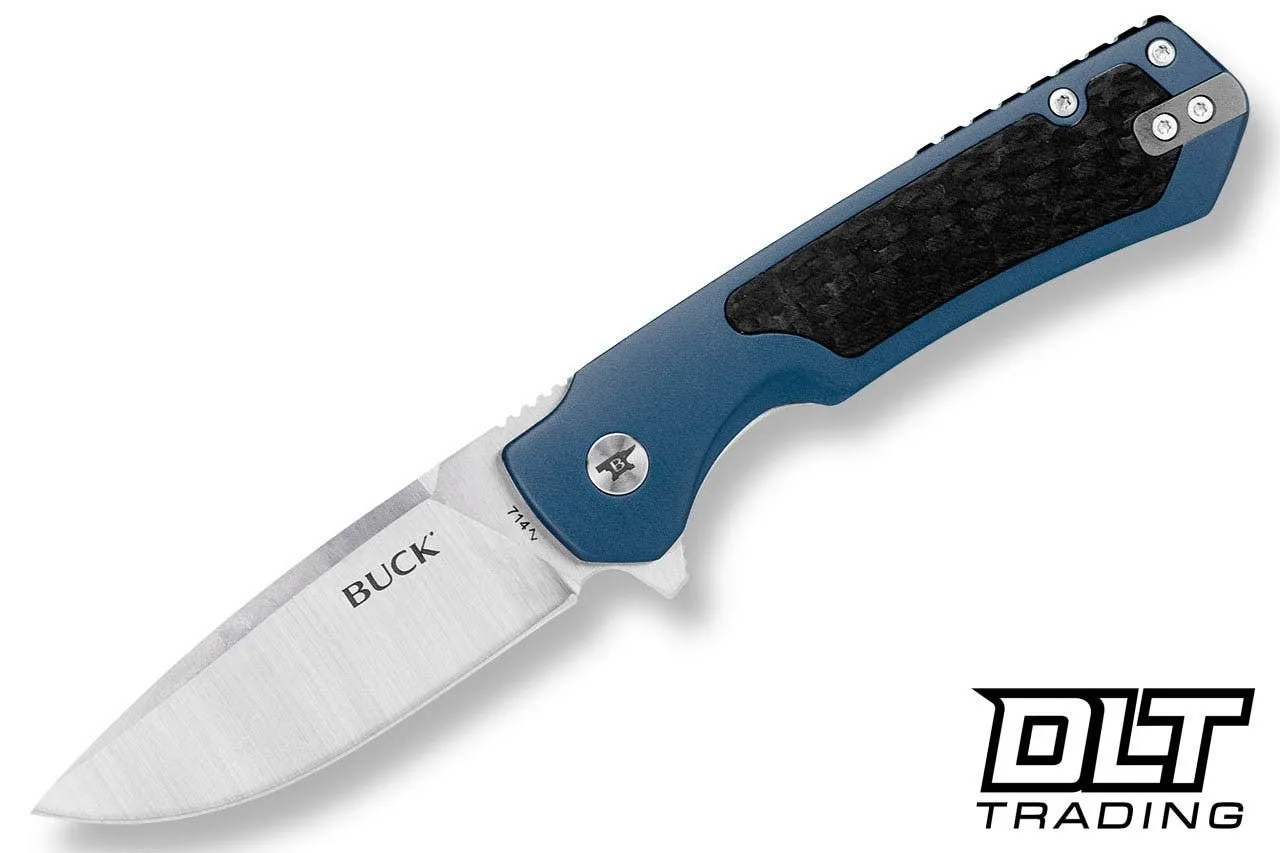 Buck 714BLS Stinger D2 Satin Drop Point - Blue Aluminum - Carbon Fiber Inlay