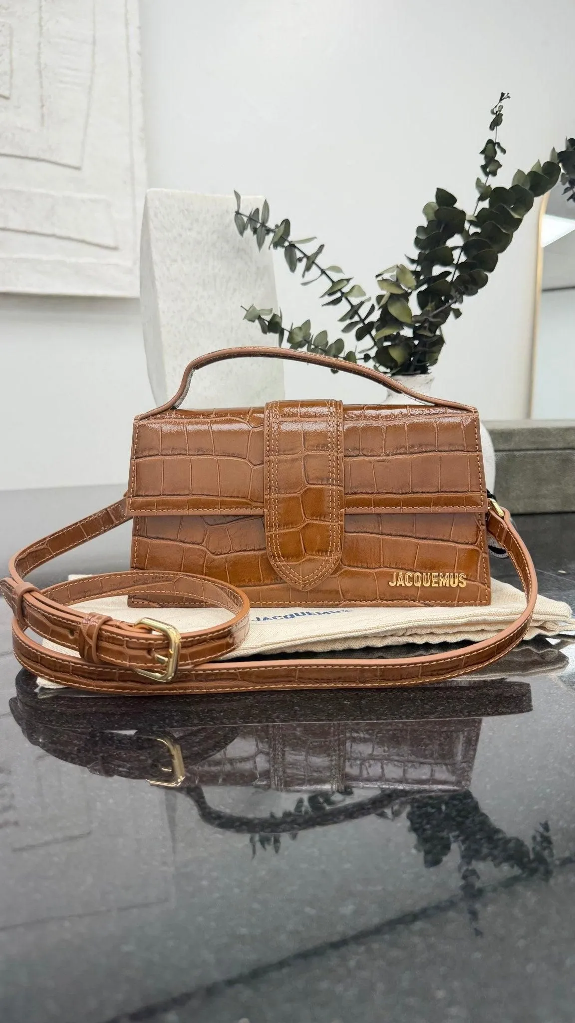 BRAND NEW - Jacquemus Brown Croc Embossed Le Grand Bambino 2Way Handbag