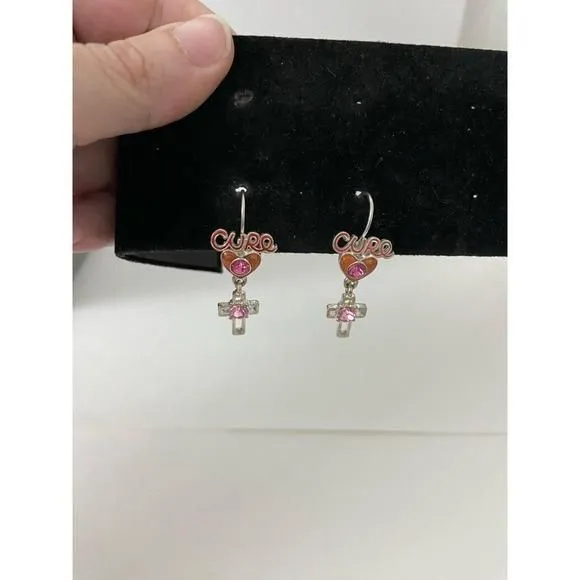 Product image for For the cure pink rhinestone clip on earring with cross charm