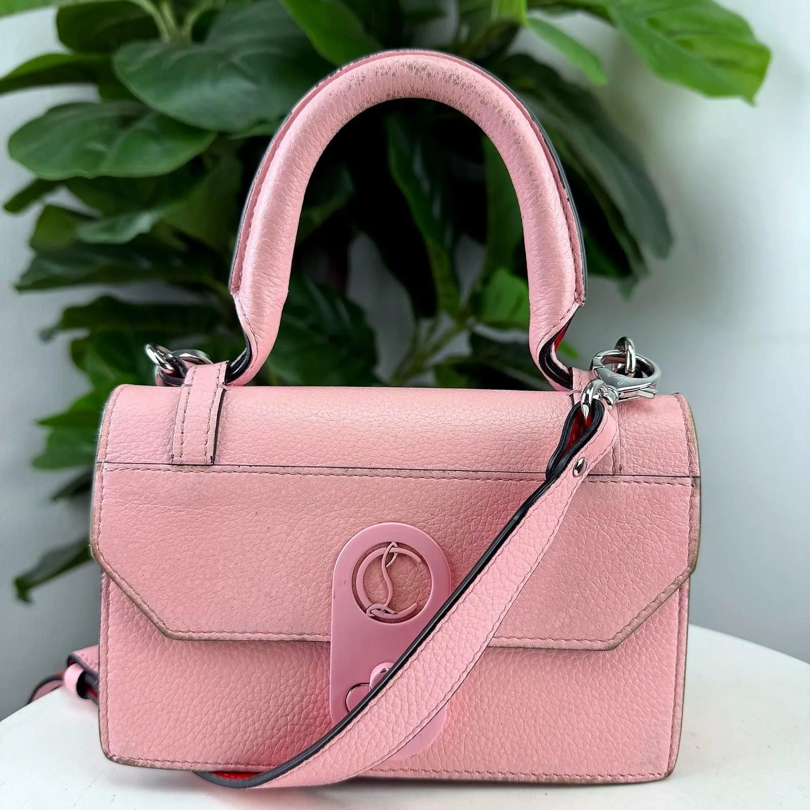 Authentic Christian Louboutin Pink Pebbled Leather Top Handle Bag