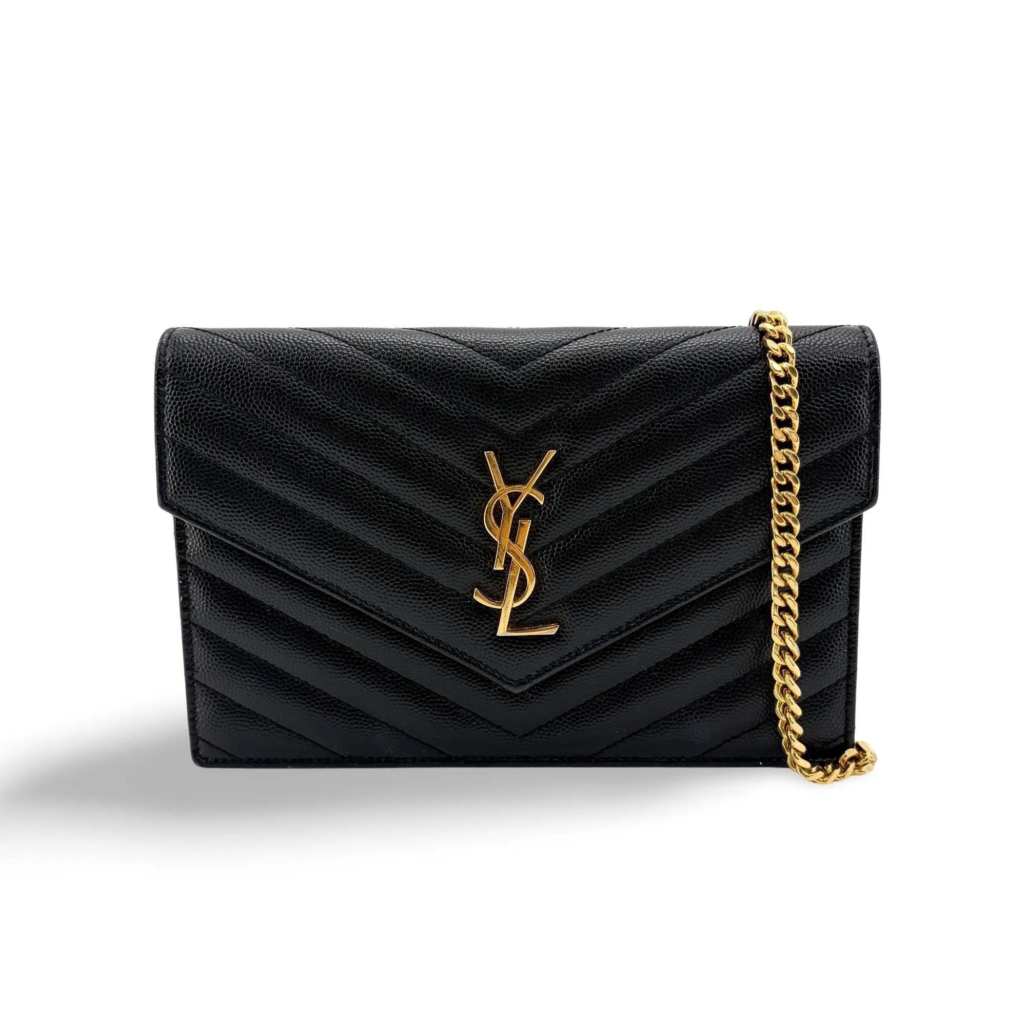 Saint Laurent YSL Matelasse Monogram Chain Wallet Black with Gold Hardware