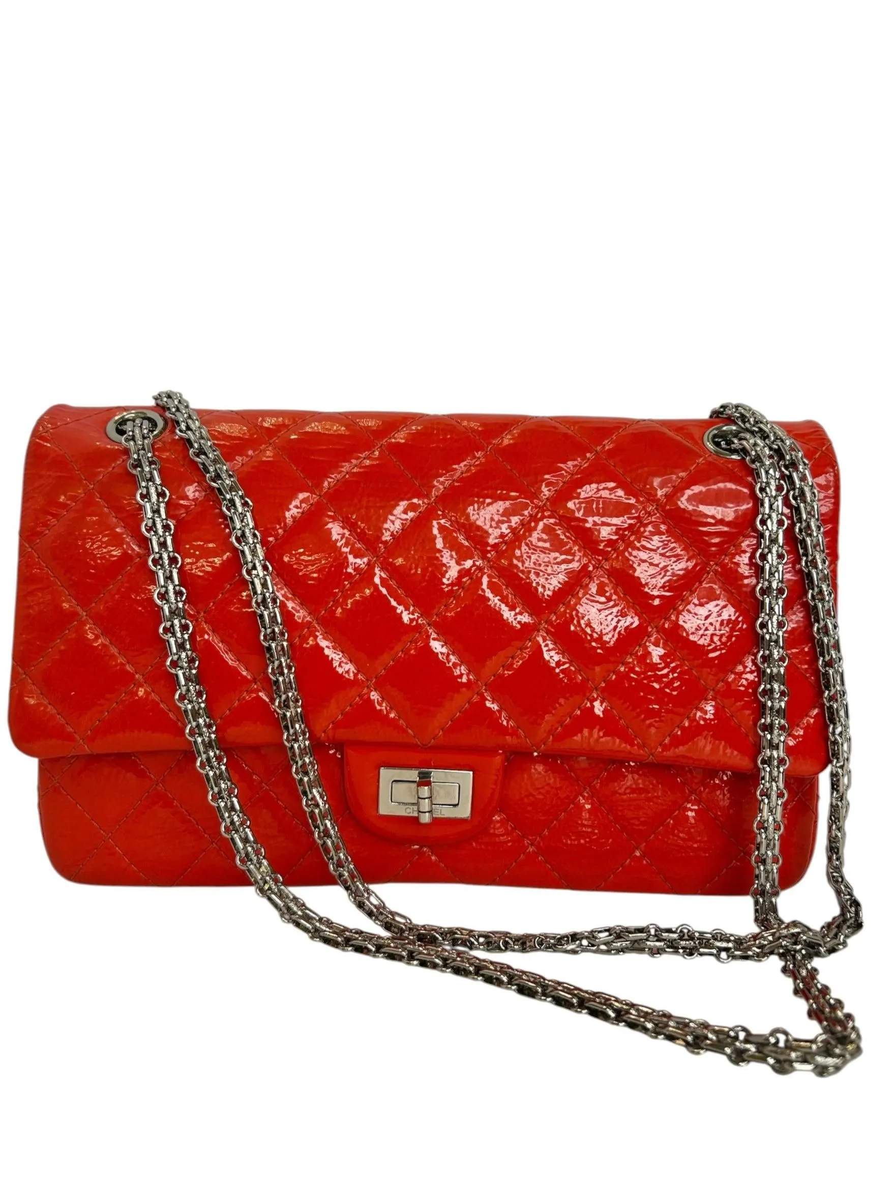 Chanel Medium Blood Orange Patent Reissue Double Flap SHW T8568