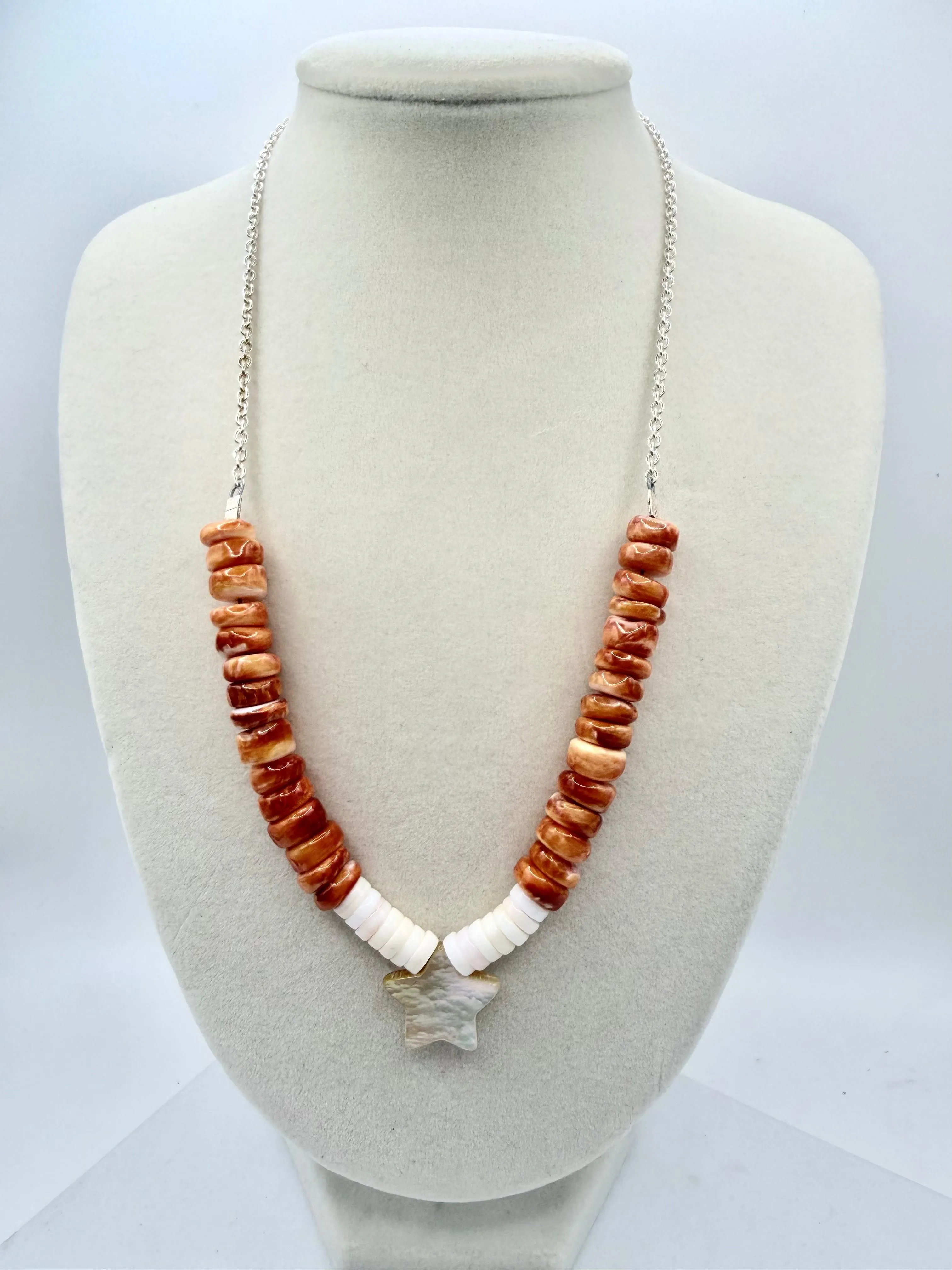 ORANGE SPINY OYSTER PINK CONCH & MOP STAR NECKLACE 16-22" (MM 10)