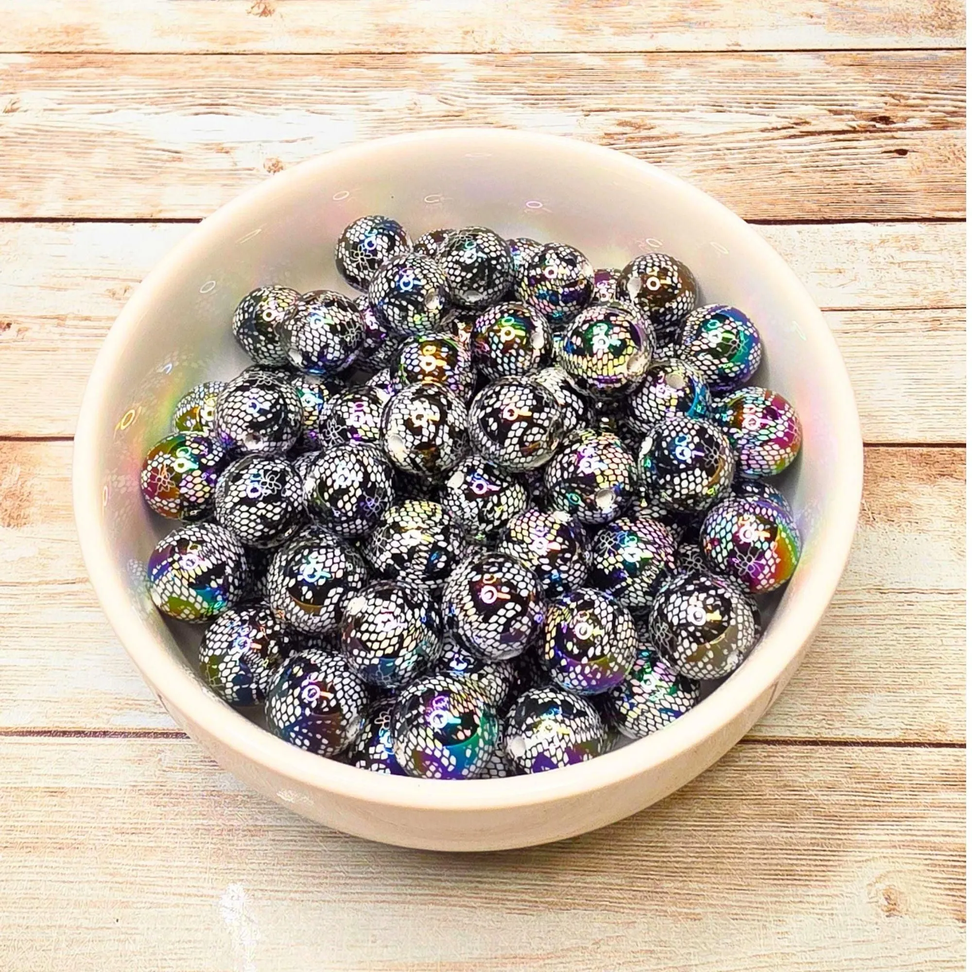 Black Lace Beads Set of 10 – Iridescent Gothic Beads, Black & White Floral Lace Beads, Halloween Beads for Pens, Keychains & DIY Crafts