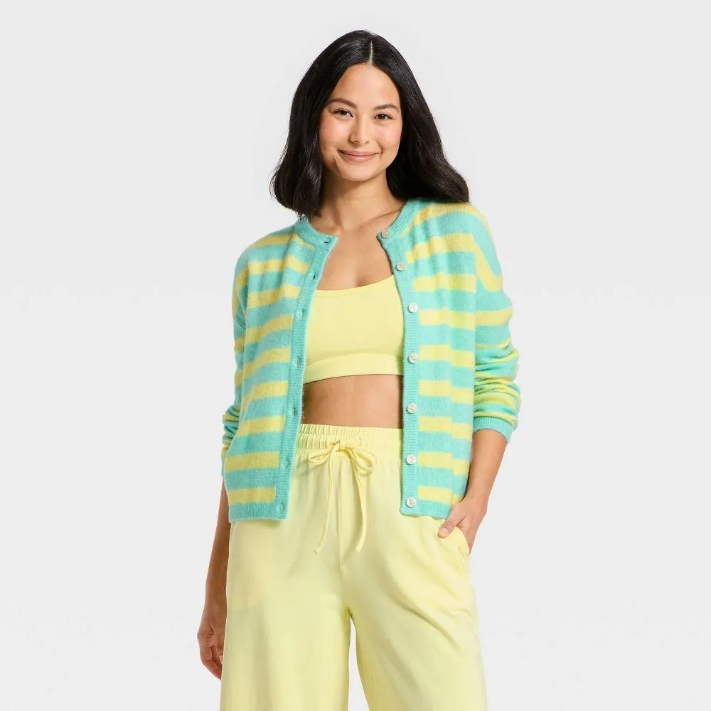 New without Tags - Women's Button-Up Cardigan Sweater - JoyLab Aqua Blue/Yellow Stripe XXS