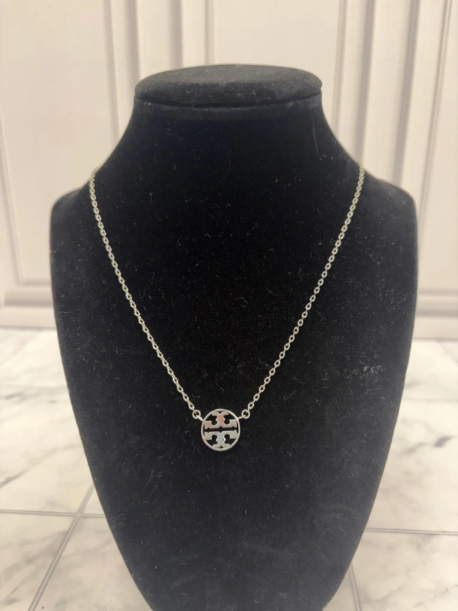 Tory Burch Silver Tone Logo Necklace
