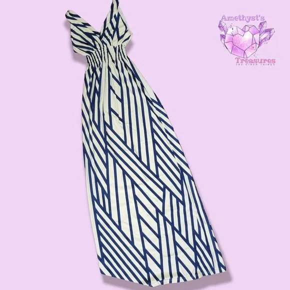 Product image for ELLIE Kai XS Woman Dress Maxi Halter Geometric Blue White Striped V Neck beach