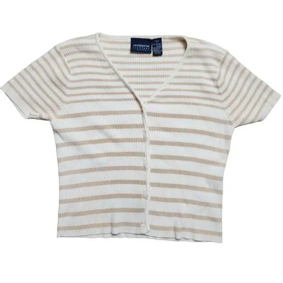 Product image for Liz Claiborne P womens button shirt V neck cream white stripes cottage norm core