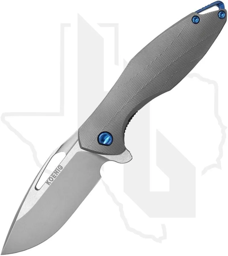 Koenig Knives Mini Arius - Standard Pattern Titanium, Burnished w/ Polished Flats, Blue Hardware & Spacer