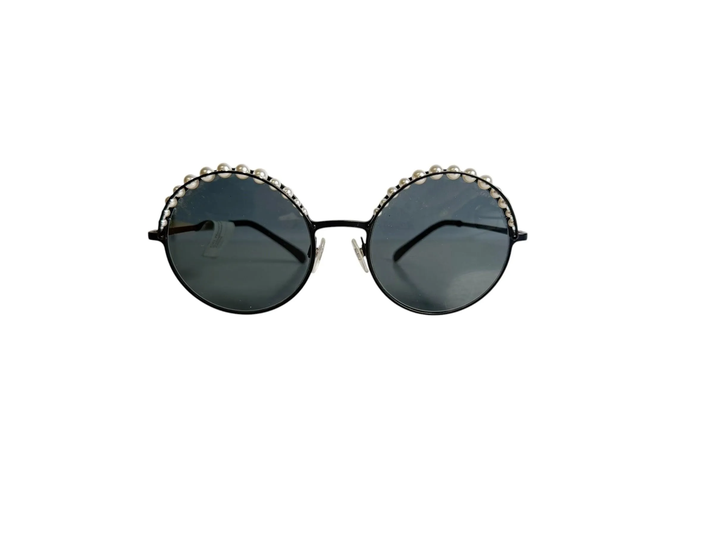 Chanel Black Round Sunglasses with Pearl Trim T7095
