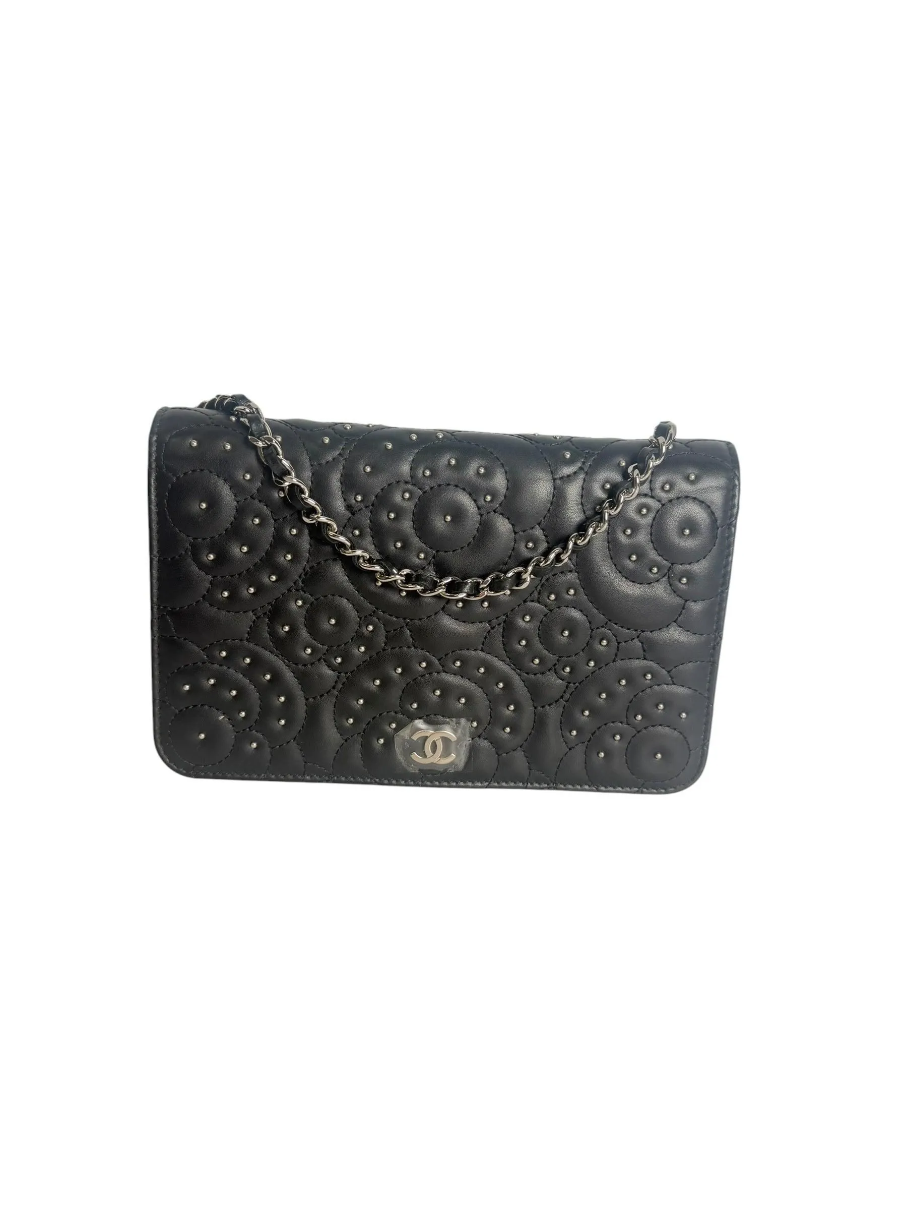 Chanel Black Camellia Quilted Leather Wallet on Chain T2289